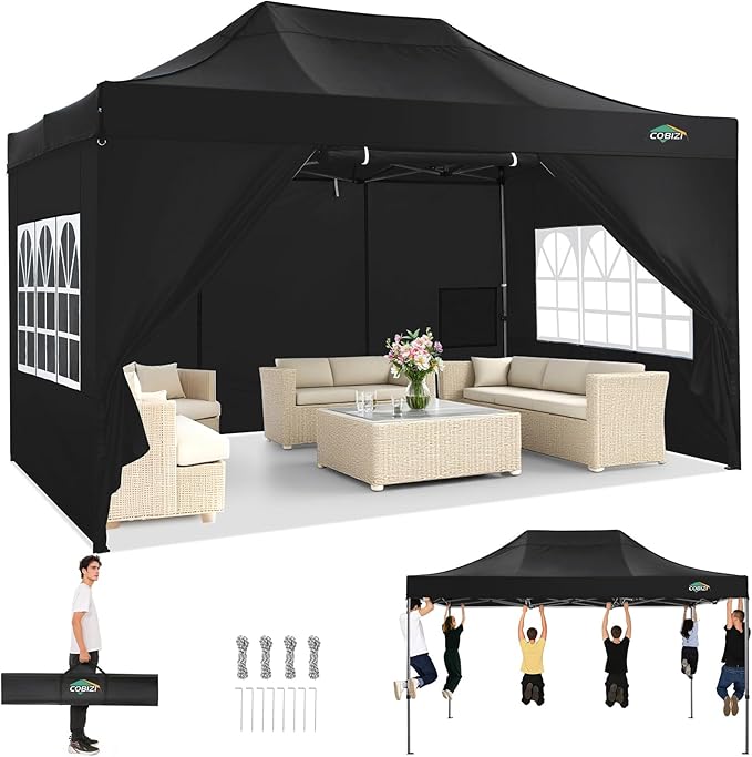 COBIZI 10x15 Pop up Canopy Tent Heavy Duty with 4 Sidewalls, Easy Set-up Commercial Outdoor Party Tent, 100% Waterproof Wedding Canopy Gazebo, 3 Height Adjustable with Handbag, Black