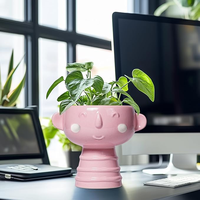 Smiley Face Planter - 7 Inch Ceramic Head Planter for Indoor Outdoor Plants, Cute Succulent Pots with Drainage Hole, Decorative Flower Pots, Home Room Desk Decor, Birthday Gifts, Bright Pink
