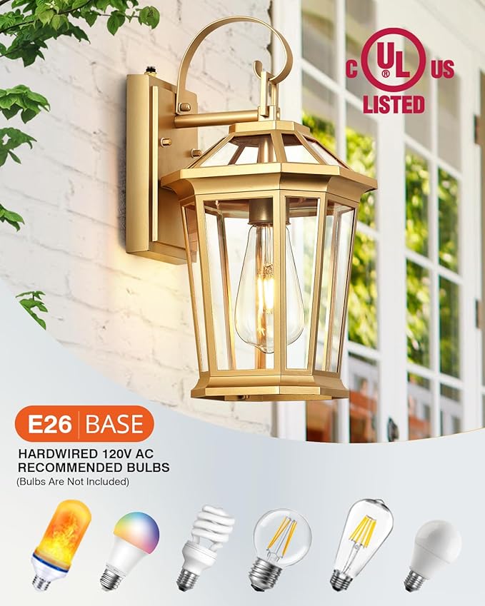 VIANIS Outdoor Porch Lights Wall Mount, Dusk to Dawn Exterior Light Fixture for House, 100% Anti-Rust Aluminum Waterproof Porch Light Outside Wall Lights, Gold Wall Sconce Lanterns for Garage