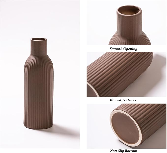Ceramic Vase Set of 3, Flower Vases for Spring Room Decor, Kitchen Farmhouse, Modern Boho Style(Brown/Dark Brown/Orange)