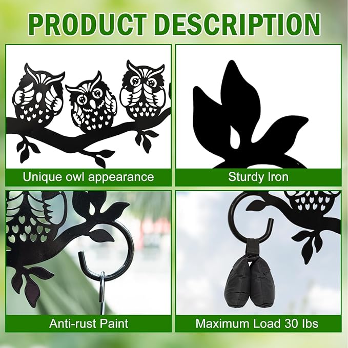 Plant Hangers Outdoor, Metal Hanging Plant Bracket, Plant Hooks for Hanging Baskets, Bird Feeders, Wind Chimes Indoor, Lantern, Flower Pot, Wall Mount Plant Holder with Screws (Owl)