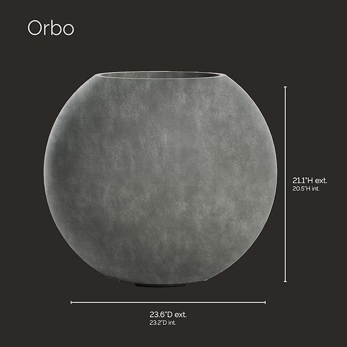 Orbo Globe Sphere Planter – Grey Stone Finish – Fiberglass Indoor/Outdoor and Weather-Resistant Round Planter (23.6" D x 21.1" H Exterior, 23.2" D x 20.5" H Interior)