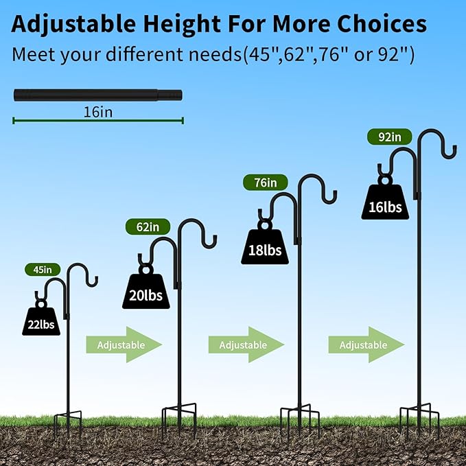 Double Shepherds Hooks for Outdoor, Bird Feeder Pole with 5 Prongs Base, Heavy Duty Garden Hook for Lantern, Wind Chime and Hummingbird Feeder, 45 Inch, 2 Pack