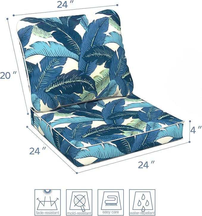 LVTXIII Outdoor Deep Seat Cushion 24"x24"x4" Patio Seat and Back Cushion Set Seasonal Chair Cushion for Dining Arm Chairs, Wicker Chairs and Garden Furniture Decoration, Swaying Palms Blue