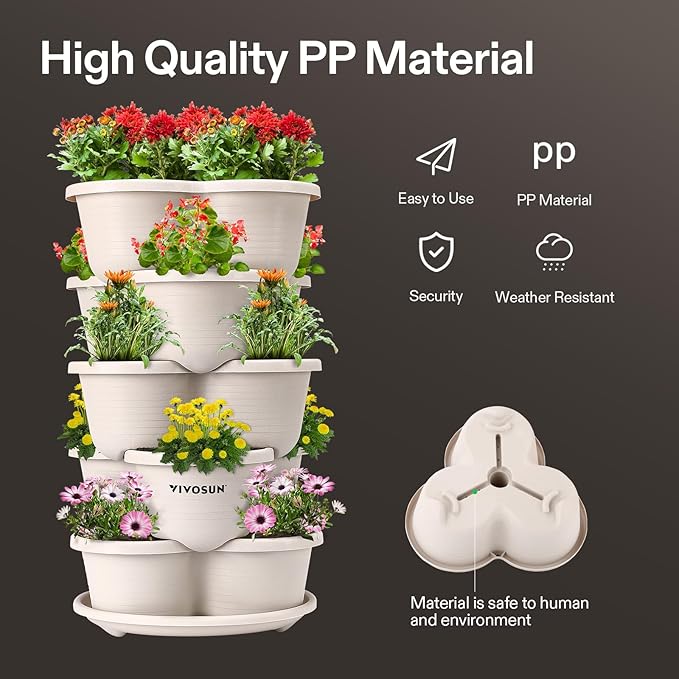 VIVOSUN 2-Pack 5 Tier Vertical Gardening Stackable Planter for Strawberries, Flowers, Herbs, Vegetables, Ivory