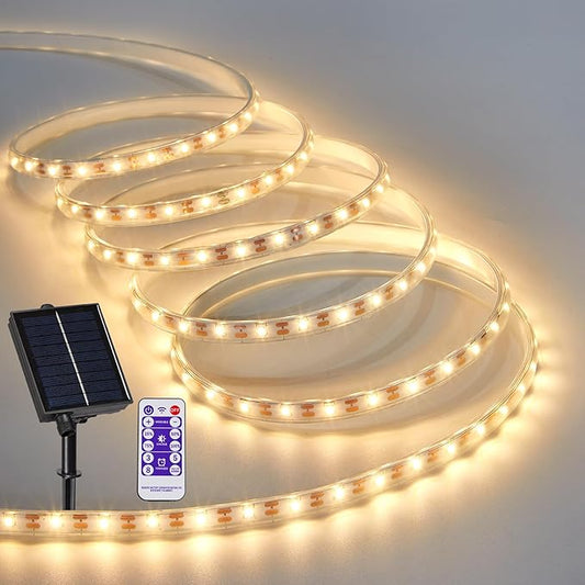 LUHLEE Solar LED Strip Lights,2023 Upgrade Outdoor Rope Lights 8 Lighting Modes,IP65 Waterproof String Lights for Patio Yard Deck Porch Balcony Garden (Warm White, 9.84 ft)