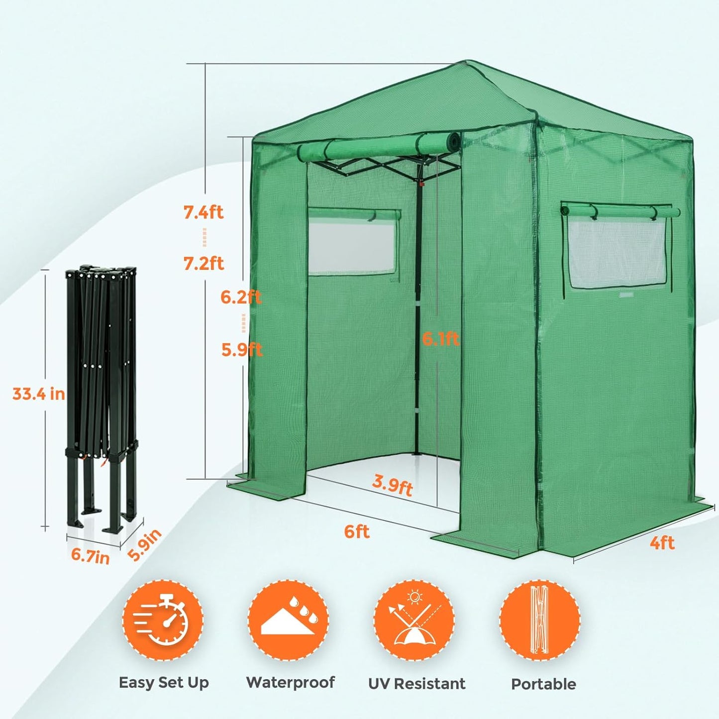 EAGLE PEAK Instant Pop-up Greenhouse, Indoor Outdoor Plant Gardening Green House, Roll-Up Zipper Doors and Side Windows, Walk in 6x4 ft, PE Cover, Green/Clear