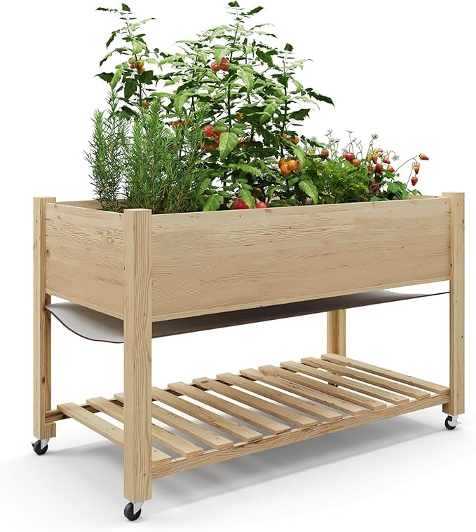Raised Garden Bed with Legs and Wheels, Wooden Raised Planter Box with Storage Shelf, Protective Liner, Mobile Elevated Wood Planter for Backyard, Patio, Balcony Natural, 48"×24"×30"