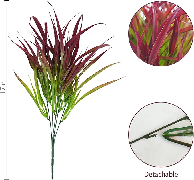 Uieke 6 Bundles Artificial Outdoor Plants UV Resistant Fake Grass Plants Faux Plastic Plants Greenery Shrubs for Home Garden Pathway Window Box Front Porch Summer Fall Decor, Deep Red