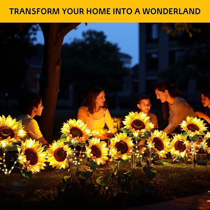 Solar Flowers Outdoor Waterproof Decorative - 3 Pack Solar Garden Lights with 9 Sunflower Lights, Outdoor Solar Lights Garden Decor, Outdoor Solar Lights for Yard Decorations Outdoor