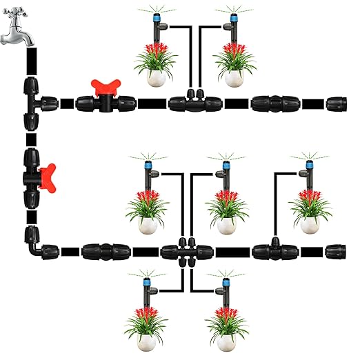 Drip Irrigation Emitters Fittings: Adjustable Irrigation Sprayer for 1/4 inch Drip Tubing Full Circle Vortex Stream Dripper on 5" Arrow Stake Barbed Locked Nuts Connectors (50 Pieces)