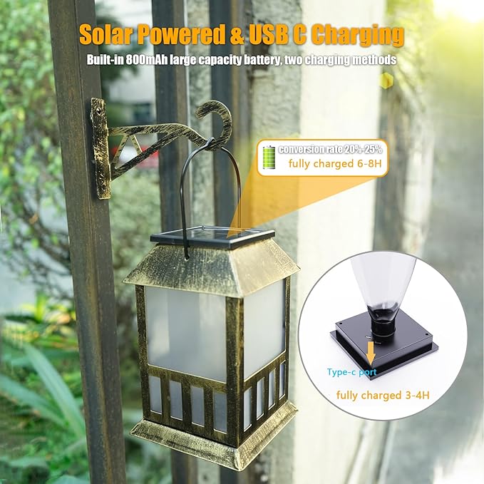 Solar Lanterns Outdoor Waterproof, Pathway Lights with 3D Lighting Effect, Solar & USB C Charging, Metal Garden Decor Hanging Lights for Landscape Yard Patio Lawn Driveway, Warm Light 1 Pack