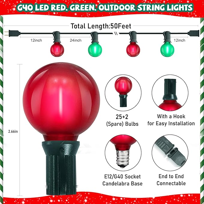G40 LED Outdoor Christmas String Lights 50FT Hanging Globe String Lights with 27 LED Shatterproof Frosted Red Green Lights(2 Spare), Waterproof Patio String Lights for Balcony Backyard Pergola Decor