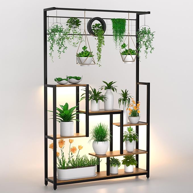 Tall Plant Stand Indoor with Grow Lights, 6 Tiered Metal Plant Stand for Indoor Plants Multiple, Large Plant Shelf Display Rack, Square Flower Plant Holder for Living Room, Patio (Black)
