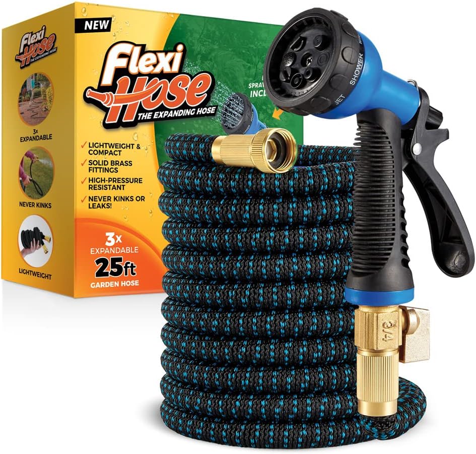 Flexi Hose with 8 Function Nozzle, 25FT - Lightweight Expandable Garden Hose, No-Kink Flexibility, 3/4 Inch Solid Brass Fittings and Double Latex Core