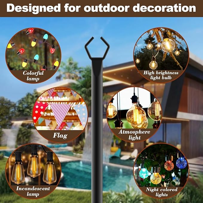 10Ft String Light Poles 6 Pack,Light Poles for Outside Lights,Outdoor with Fence Brackets Hanging Lights,Metal Stand Deck Patio Backyard