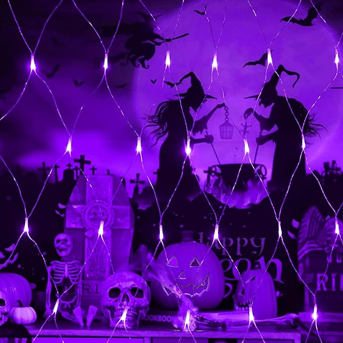 Joomer 12ft x 5ft 360LED Purple Halloween Net Lights Outdoor, 8 Modes Timer Connectable Waterproof Bush Mesh Netting for Halloween Outdoor Decorations (Clear Wire)