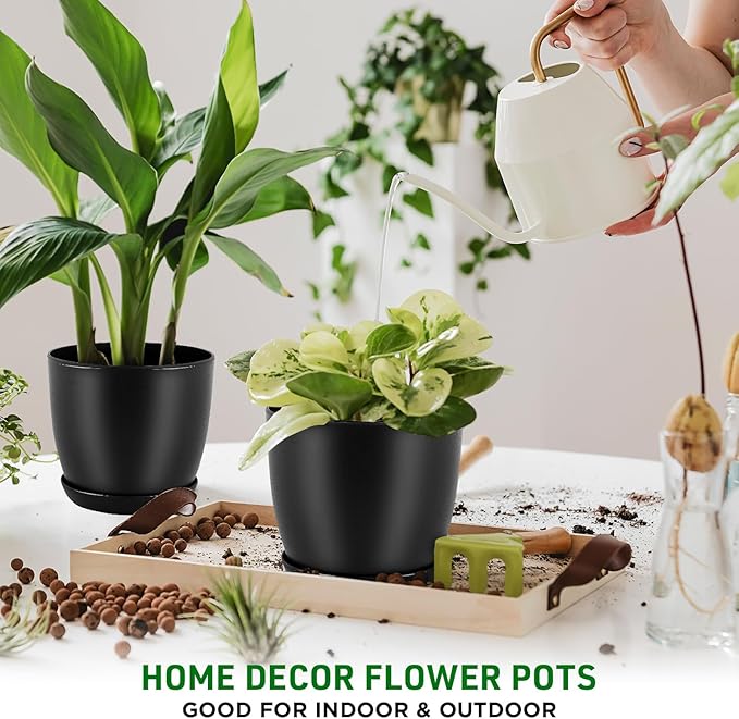 Plant Pots with Multi Drainage Holes - 5 Pieces Versatile, Sturdy Plastic, Stackable Design Home Decor Flower Pots for Indoor and Outdoor Gardening - Black