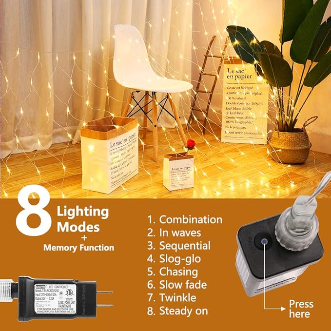 LYHOPE 12ft x 5ft 360 LED Christmas Net Lights, 8 Modes Low Voltage Mesh Christmas Decorative Lights for Xmas Trees, Bushes, Wedding, Garden, Outdoor, Indoor Decor (Warm White)