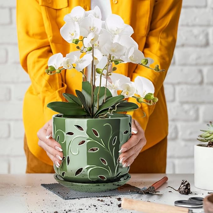 EFISPSS Orchid Pots with Holes, 7 Inch Orchid Pots with Drainage Holes and Tray, Indoor or Outdoor Large Pot for Orchid Care,Durable for Repotting or New Plants - Green