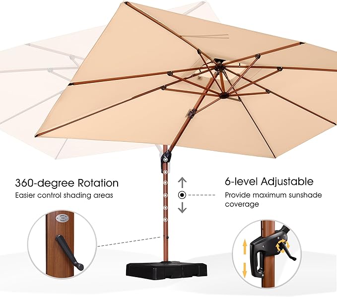 PURPLE LEAF 9' X 12' Double Top Deluxe Wood Pattern Rectangle Patio Umbrella with Base Offset Hanging Umbrella Outdoor Market Umbrella Garden Umbrella, Beige