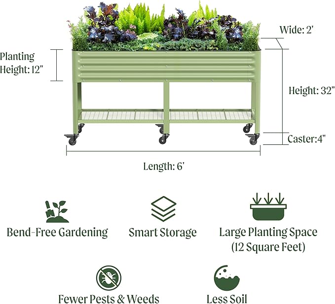 Rolling Elevated Raised Garden Bed-V Series, 2' x 6' Garden Beds with Legs & Storage Rack for Patio & Porch, 1000 Lbs Weight Capacity, Outdoor Planter Box for Vegetables Flower Herbs, Olive Green