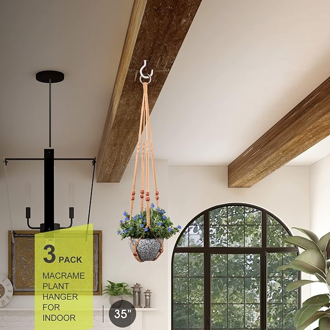 RIFNY Macrame Plant Hanger for 5 to 10 Inch Plant Pots, 35 Inch Woven Rope Hanger Kits with Hooks and Wood Beads, Hanging Planter Basket for Indoor Boho Home Decor (Brown, 3 Pack)