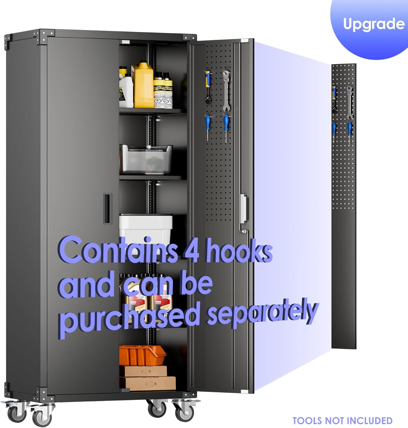 Metal Garage Storage Cabinet with Wheels & Pegboard,72In Lockable Steel Storage Cabinets with 2 Doors&4 Adjustable Shelves for Garage&Home,Assembly Required,Black