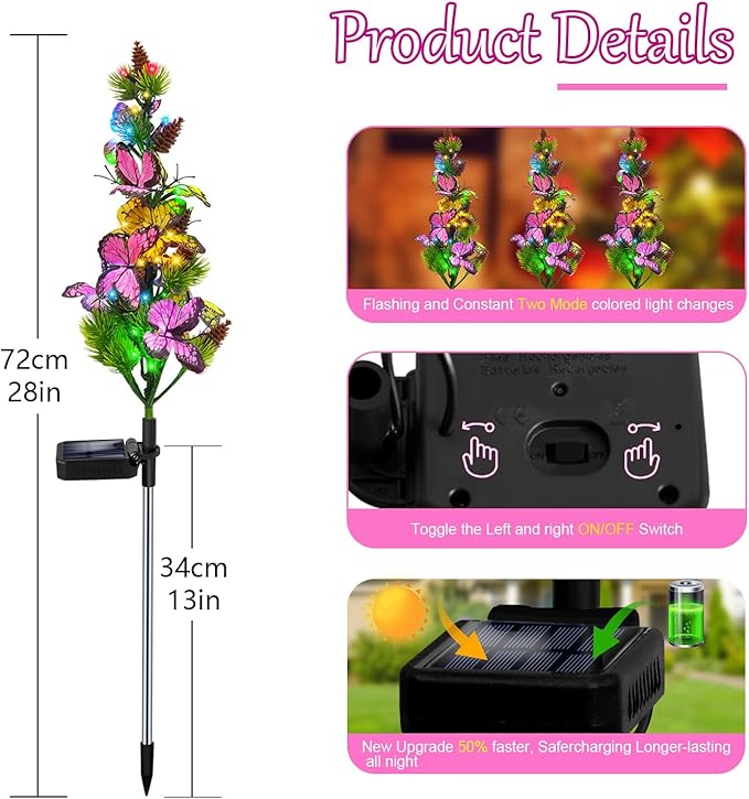 Solar Garden Lights Outdoor Waterproof Butterfly Stake Lights, 4 Pack Solar Lights Gifts for Mom Women Holiday Yard Front Porch Pathway Graveyard Cemetery Garden Patio Decor