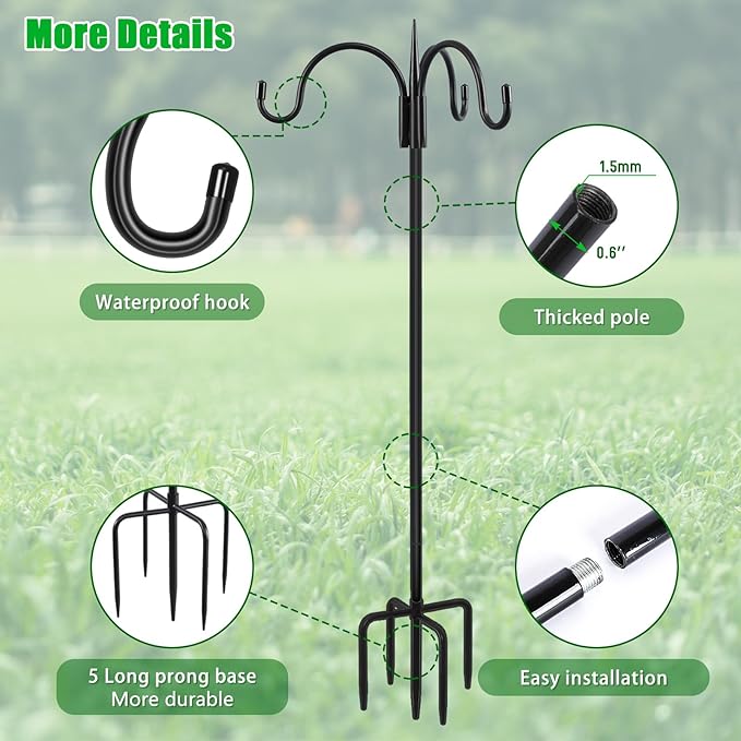 FEED GARDEN [Upgrade Version 76 Inch Three Shepherd Hooks for Outdoor,Bird Feeder Pole with 5 Prong Base, Adjustable Shepard Hooks for Hanging Plant, Solar Lanterns, Wind Chimes, 2 Pack
