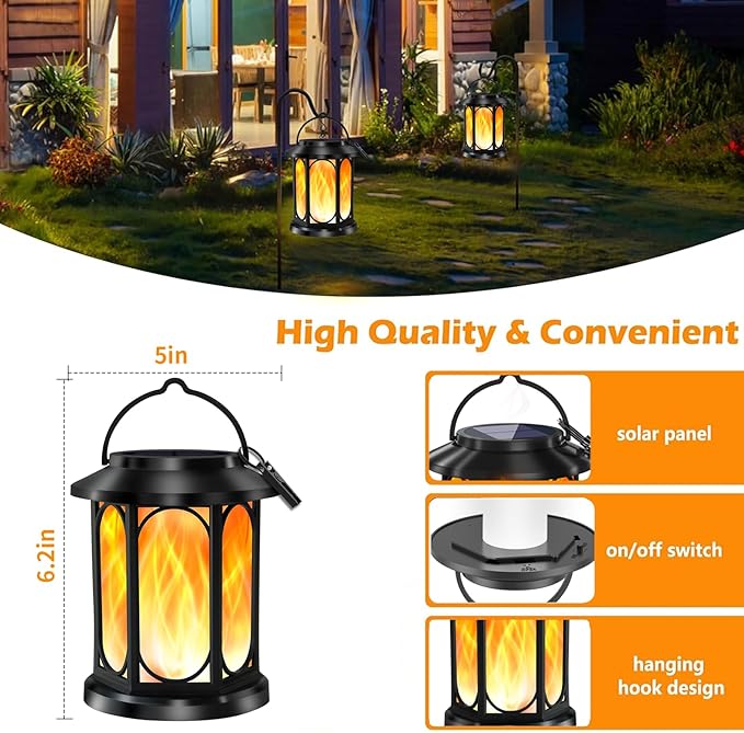 Solar Outdoor Lanterns Light Flickering Flame, Waterproof Outdoor Lanterns for Halloween Patio Garden Yard Deck Pathway, 4 Pack