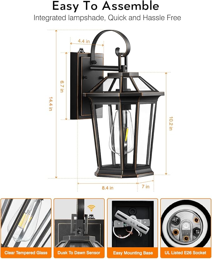 VIANIS Dusk to Dawn Outdoor Wall Lighting, Black Waterproof Exterior Lighting Fixtures for House, 100% Anti-Rust Aluminum Modern Outside Coach Light Fixture Wall Mount for Porch, Garage, Front Door