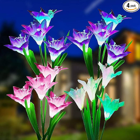 SOLARBABY Solar Lights Outdoor Garden, 4 Pack Solar Garden Lights Outdoor Waterproof Multicolor Changing Led Solar Flower with Bigger Lily for Patio Yard Pathway Balcony Decoration