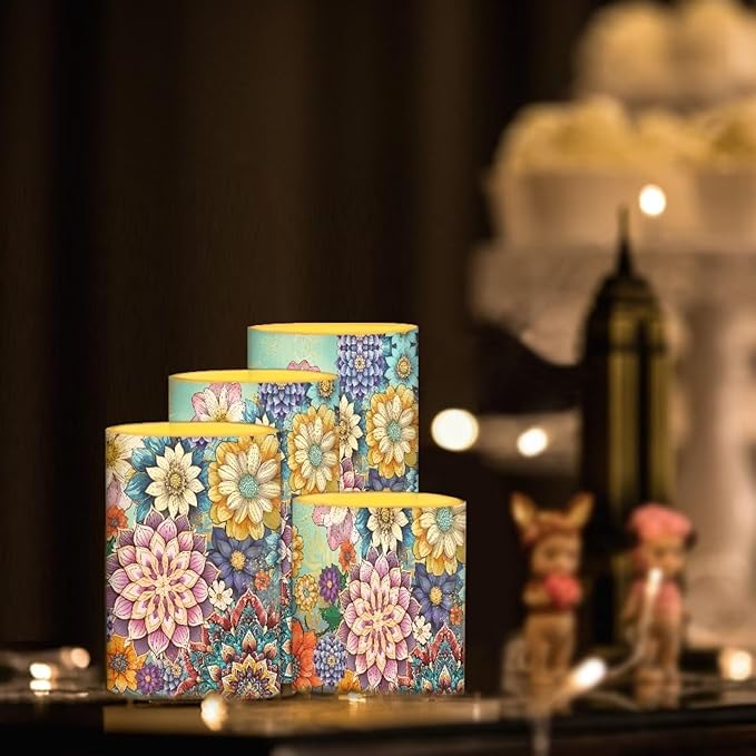 Flameless LED Candles Electric Candles with Remote Timer Control Long Lasting Pillar Candles Tealights Bohemian Style Home Outdoor Decoration Pack of 4, Boho Flower Purple Blue
