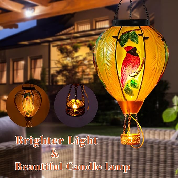 Large Hot Air Balloon Cardinal Solar Lantern Lights with Flame, Green Glass Balloon Lantern Waterproof Outdoor Decor for Garden Yard Patio, Birthday Mother's Day Gifts for Moms Women