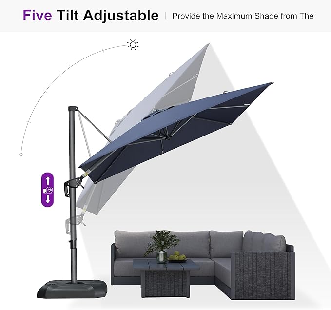PURPLE LEAF 8 Feet Square Cantilever Umbrella Patio Umbrella with Base Outdoor Umbrella Aluminum Offset with 360-degree Rotation for Garden Deck Pool Patio, Navy Blue