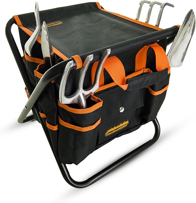 Gardening Tool Set, Stainless Steel 7-Piece Gardening Tools with Heavy-Duty Folding Stool and Detachable Canvas Tote Bag, Black and Orange, Ideal Gardening Gifts for Women and Men