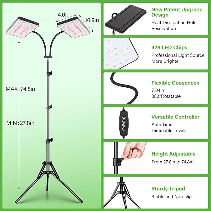 2024 LBW Latest Grow Light for Indoor Plants, 428 LED Dual-Head Full Spectrum Standing Plant Light, Floor Grow Lamp with 3/6/12H Timer, 6 Brightness Levels, 3 Switch Modes, 75" Adjustable Tripod Stand