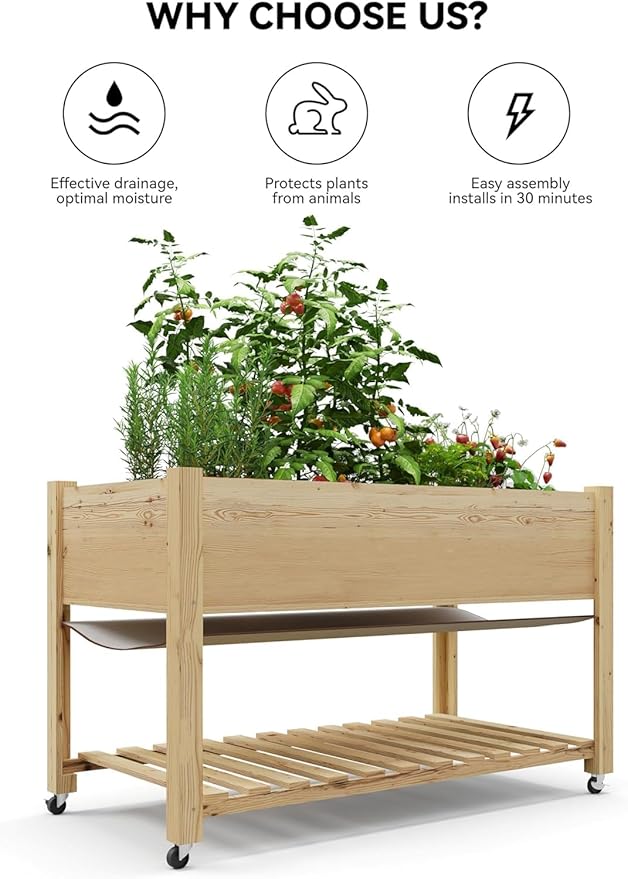Raised Garden Bed with Legs and Wheels, Wooden Raised Planter Box with Storage Shelf, Protective Liner, Mobile Elevated Wood Planter for Backyard, Patio, Balcony Natural, 48"×24"×30"