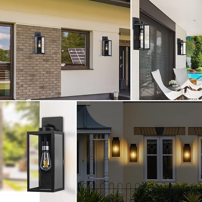 Outdoor Wall Light Fixture, Large 16" Exterior Black Lantern Waterproof, Farmhouse Porch Sconce Lighting with Glass, Modern Wall-Mounted Outside Lights for House, Garage, Patio Lamp