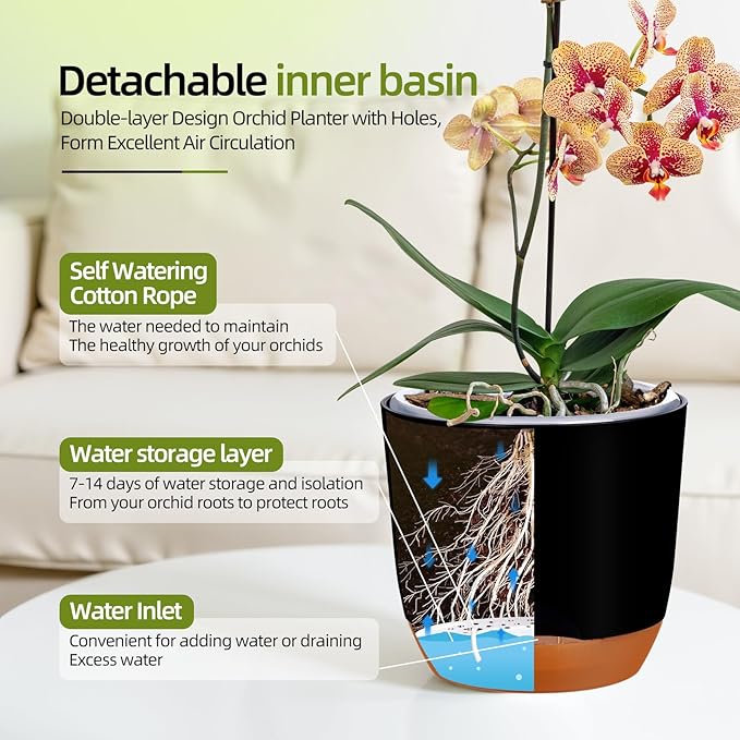 QCQHDU 2 Pack Orchid Pots with Holes for Repotting, Double-Layer and Self Watering Orchid Pot with Good Air Circulation