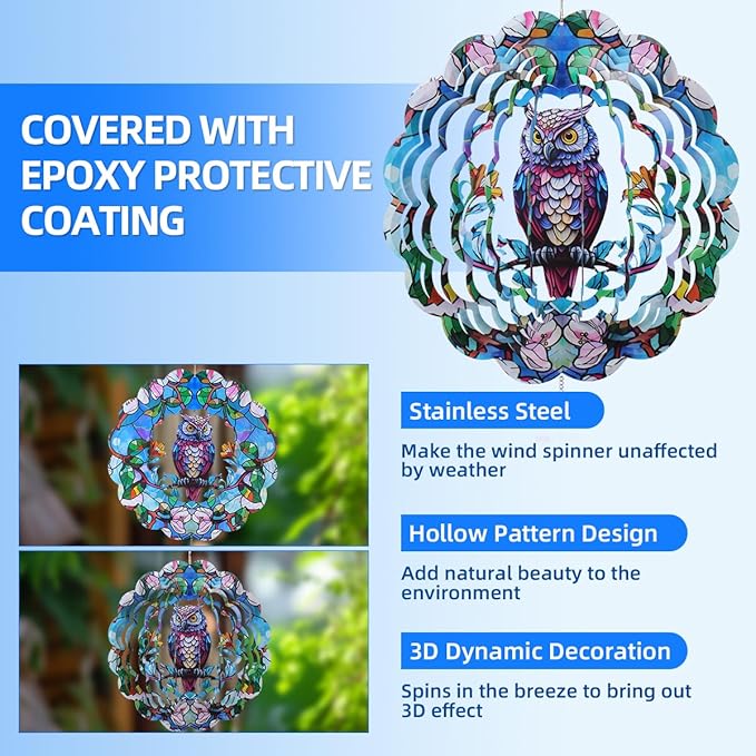 Wind Spinners Outdoor, FACIACC Owl Metal 3D Hanging Garden Decor, 12-inch Stainless Steel Wind Spinner with Tail Spinner, Wind Sculptures for Indoor Patio Lawn Yard, Ornament Gift for Women/Men