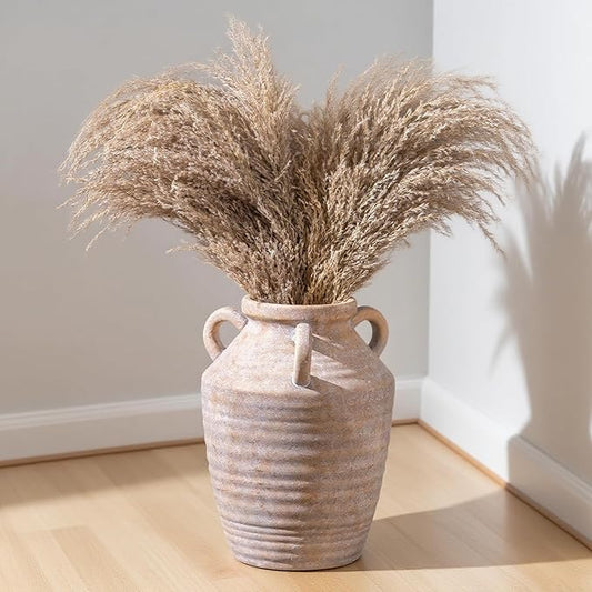 Vintage Terracotta Ceramic Vase with Handles, Rustic Beige Pottery Tulip Vase for Cottage Core Home Mantle Decor, Farmhouse Table Centerpieces, Large Bulk Flower Vases Jarrones Decorativos para Sala