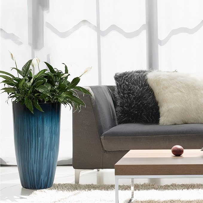 Worth Garden 20" H. Large Plastic Planters - Set of 2 Gradient Blue Glossy Smooth Finish - Tall Plant Pots for Indoor & Outdoor Use - Decorative Lightweight Flower Pots for Front Porch, Patio, Deck