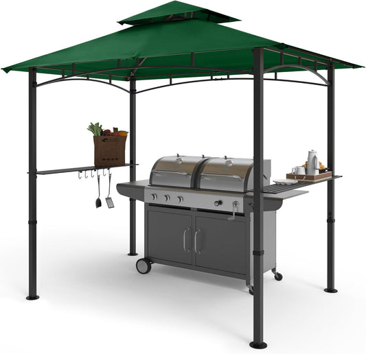 COOSHADE 8'x 5' Grill Gazebo Double Tiered Outdoor BBQ Gazebo Canopy with LED Light (Forest Green)