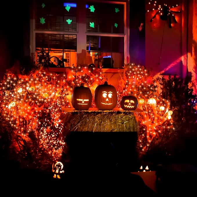 JMEXSUSS 2 Pack Solar Halloween Lights, 33ft 100 LED Outdoor Waterproof Orange Solar Lights for Tree Yard Patio Garden Halloween Thanksgiving Decorations