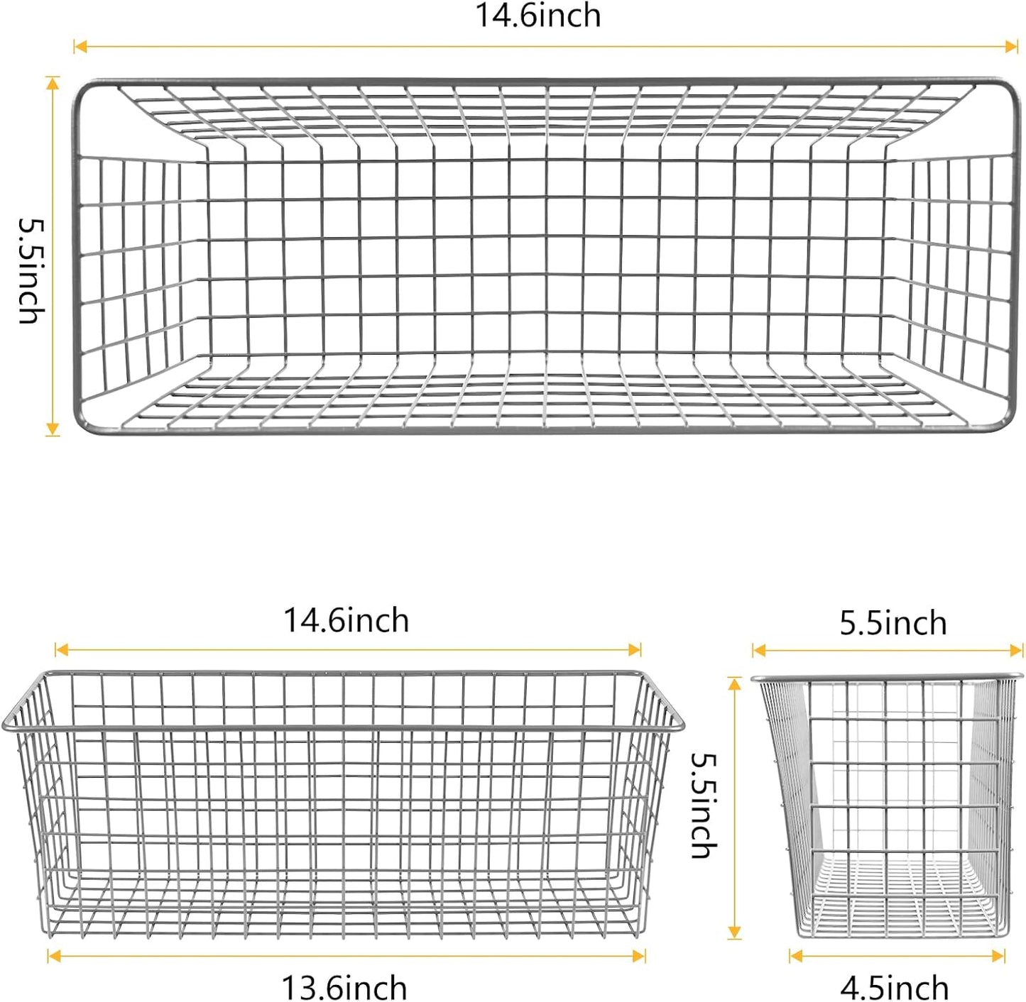 2 Sets Extra Large Hanging Wall Basket, Grey Metal Wire Baskets with Steel Hooks for Organizing, WallmountedFruit Vegetable Toy Snack Storage, Home Kitchen Bathroom Laundry Pantry Organizer