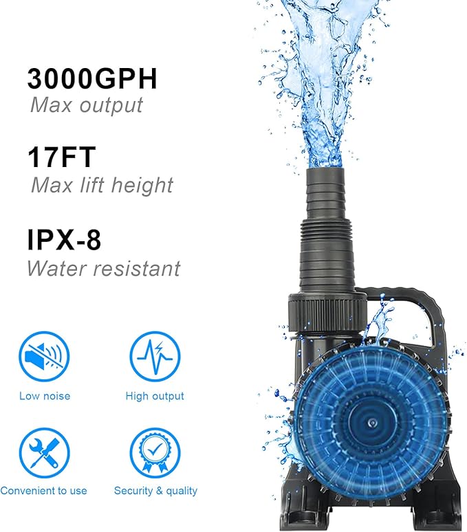 Outdoor 3000gph-155W 32.8FT Pond Water-fall & Kio Fish Fountain-s &Garden Pump Submersible IPX8: Long 32.8FT Cord Smart-er & Quieter Duck & Yard Ponds Pumps, 1 Barrier Pump Bag
