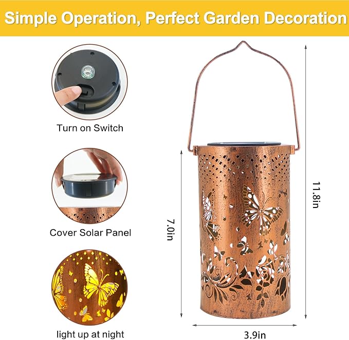 4 Packs Solar Lanterns Outdoor Hanging Lantern Lights, 4 Butterflies Hollowed-Out Metal Decor Lantern, Waterproof LED Decorative Garden Light Gifts