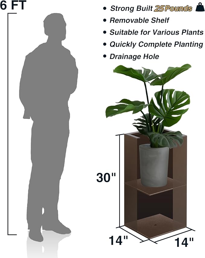 Metallic Heavy Tall Outdoor/Indoor Planter Box 14Lx14Wx30H Inches, Rectangular Tall Planter, Large Flowerpot, ‎25 Pounds, Espresso, No Assembly Required 1 Pack